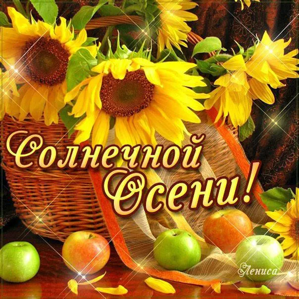 Открытка Первый день осени - Открытка: Солнечная осень - Яблоки, подсолнухи, корзина | Красивая открытка #59