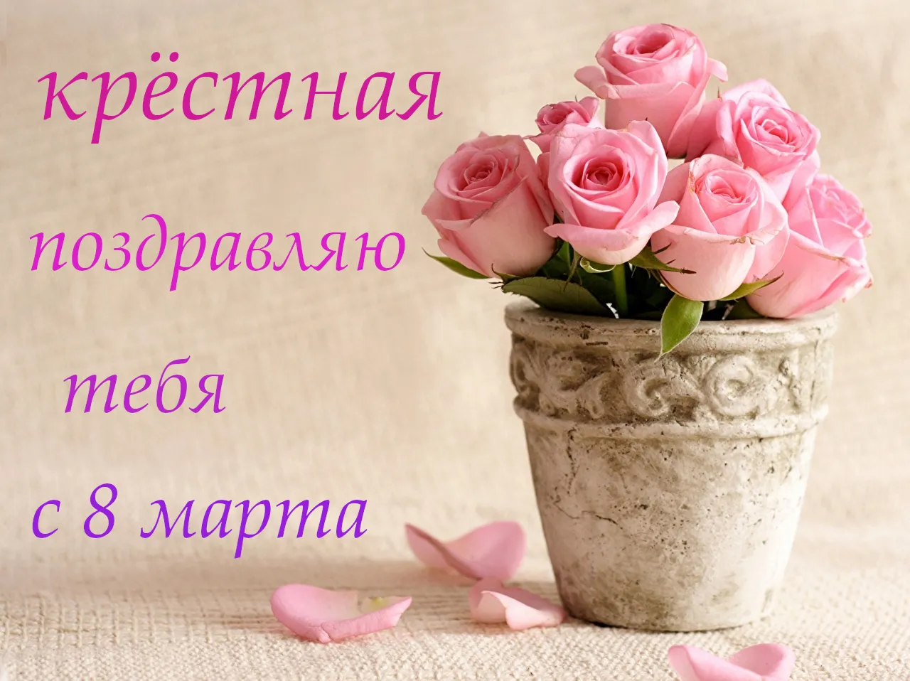 Открытка 8 марта - Розовые розы в горшке на фоне пастели | Красивая открытка #423