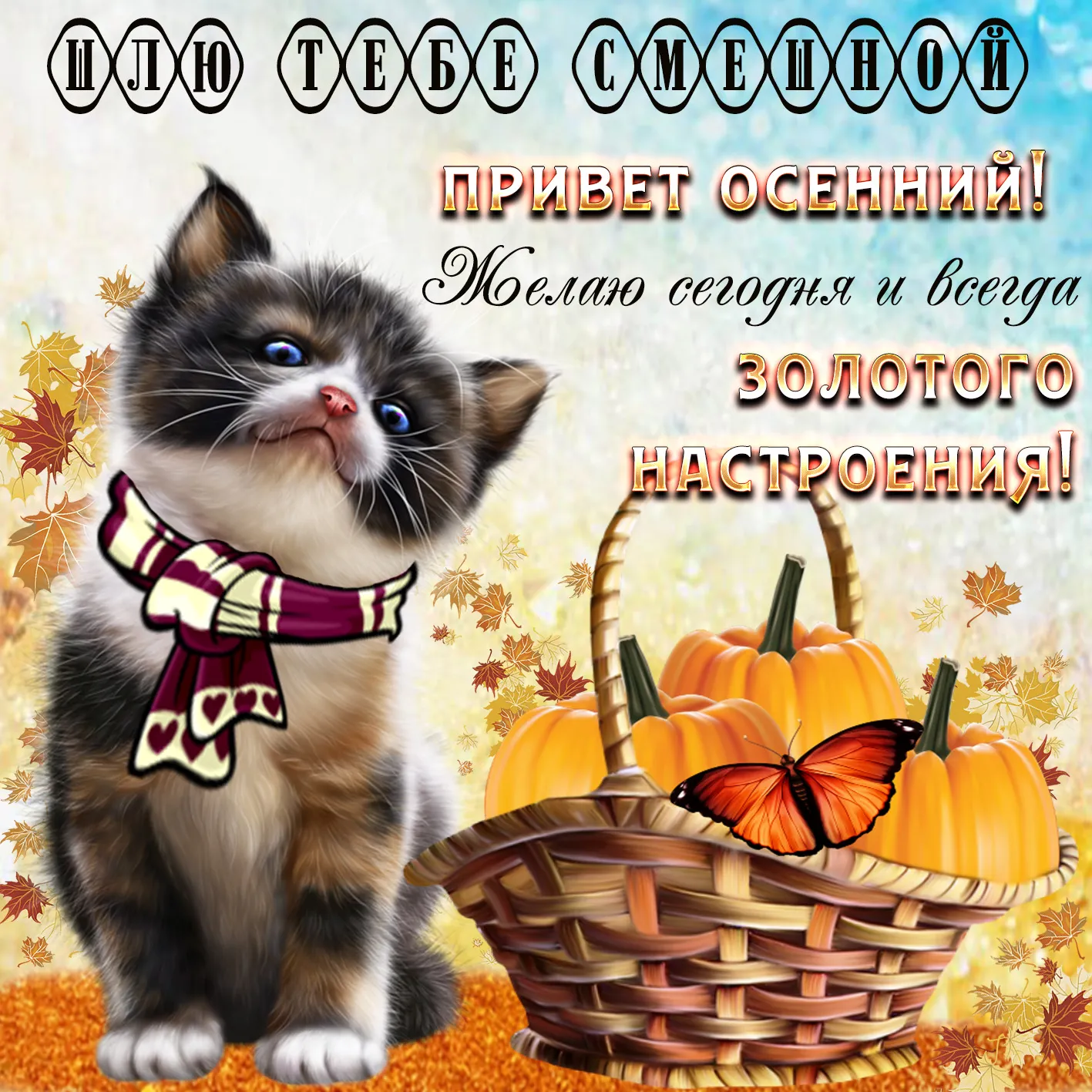Открытка Осенний приветик - Открытка с котенком и тыквами: осеннее поздравление | Красивая открытка #10
