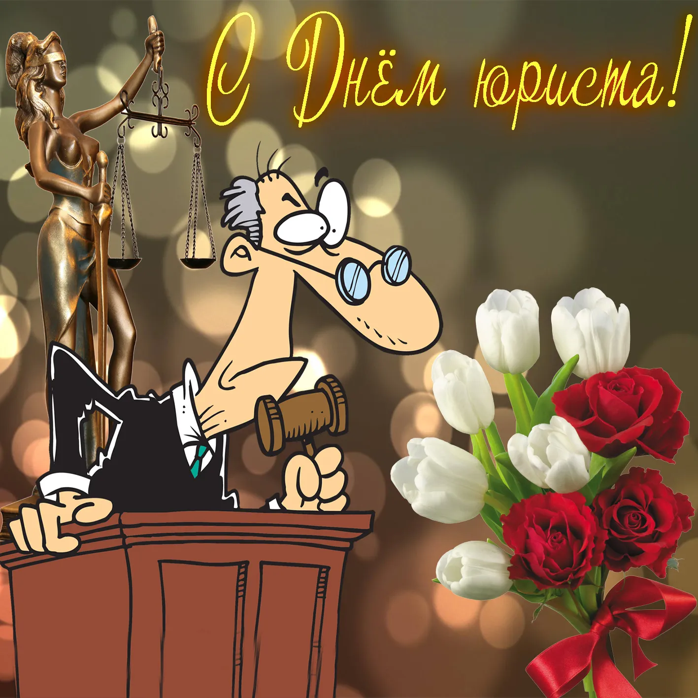Открытка День юриста - Открытка с юристом, розой и весами правосудия | Красивая открытка #6