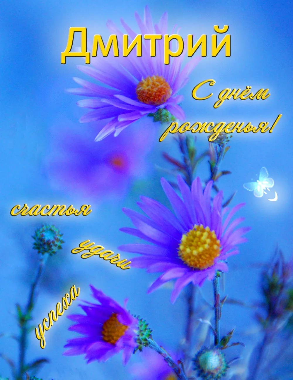 Открытка открытки с именем Дмитрий  - Фиолетовые цветы на синем фоне с надписью | Красивая открытка #173