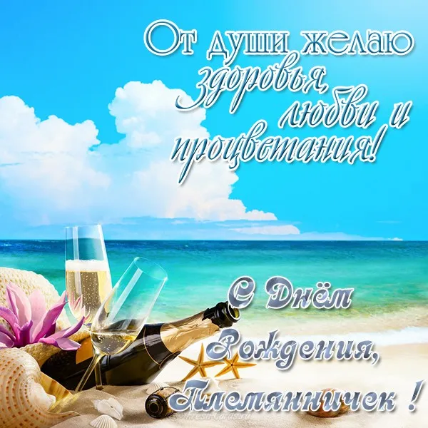Открытка С днем рождения племяннику - Открытка с пляжем и шампанским | Красивая открытка #3