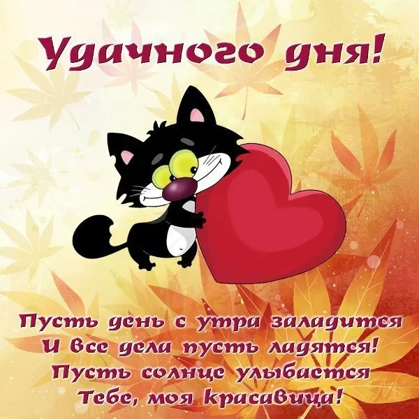Открытка Удачного дня - Открытка с милым котиком и сердечком | Красивая открытка #6