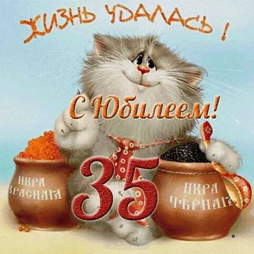 Открытка Открытки на 35 лет - Открытка с котом и икрой на 35 лет | Красивая открытка #111