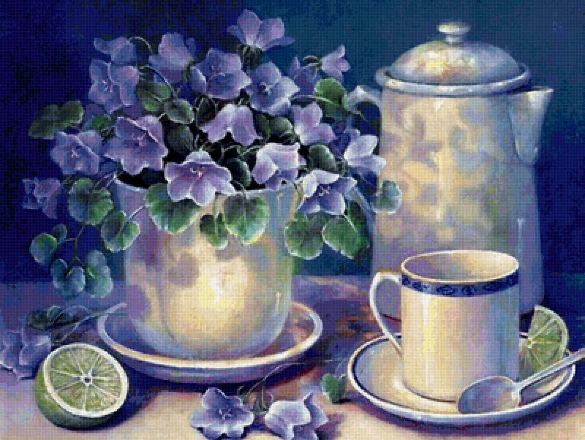 Открытка Открытки красивые без надписей доброе утро - Фиалки, чайник, чашка и лайм: открытка с настроением | Красивая открытка #11