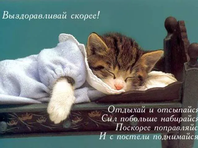 Открытка Выздоравливай - Спящий котенок в кроватке - милая открытка | Красивая открытка #63