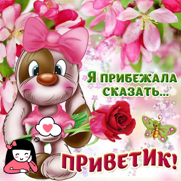 Открытка Привет - Открытка с милым зайчиком и розами | Красивая открытка #55