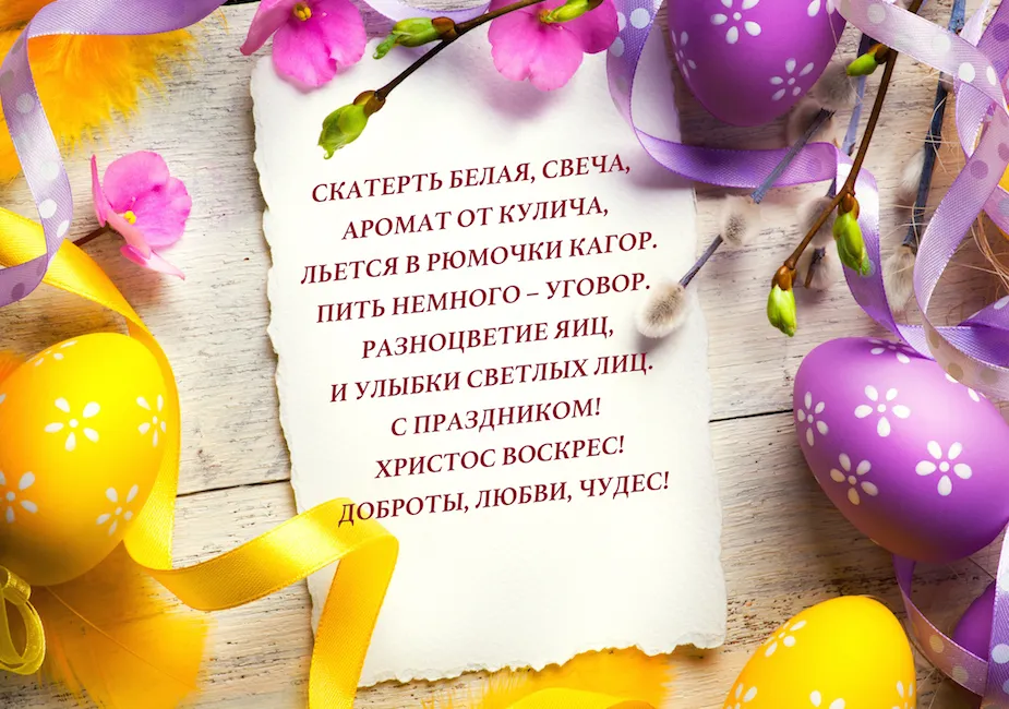 Открытка Пасха - Открытка с Пасхой: Яйца, цветы и ленты | Красивая открытка #191