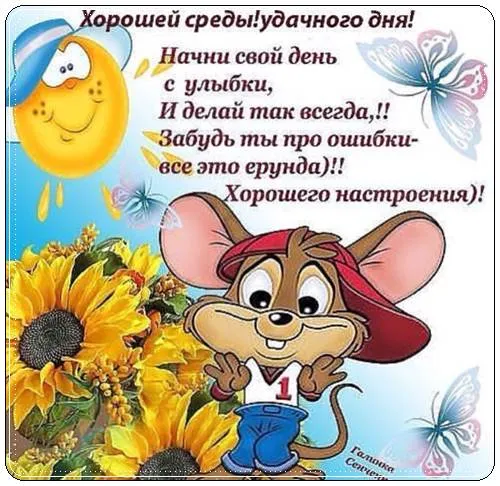 Открытка Среда - Открытка с мышкой, подсолнухами и бабочками | Красивая открытка #2