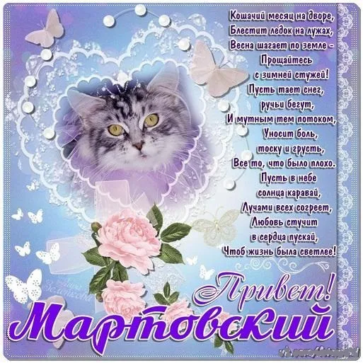 Открытка Март - Открытка с котиком и бабочками | Красивая открытка #4