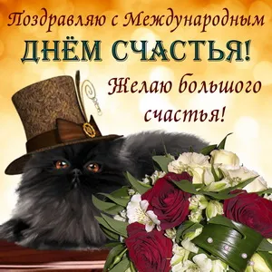 Открытка с днём счастья - Котик в шляпе с цветами: открытка с поздравлением | Красивая открытка #93