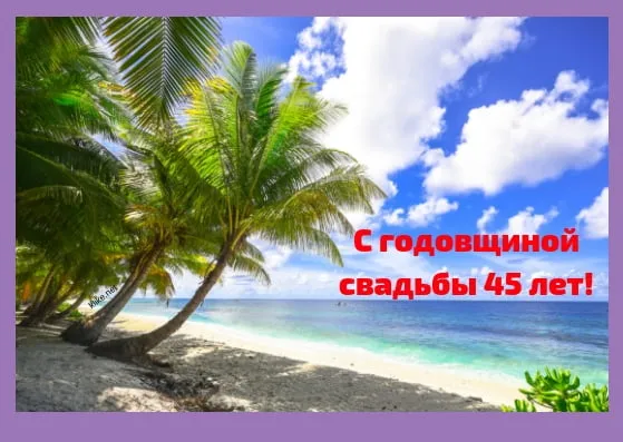 Открытка Открытки на Сапфировую свадьбу 45 лет - Пляж, пальмы, море: поздравления с юбилеем свадьбы | Красивая открытка #79