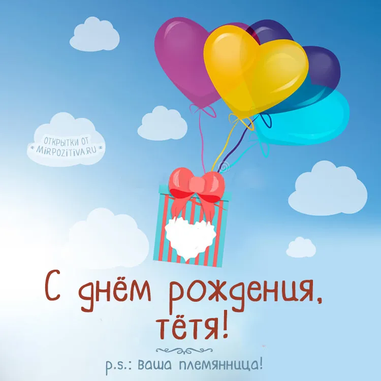 Открытка С днем рождения для тети - Открытка с днем рождения: Воздушные шарики и облака | Красивая открытка #27