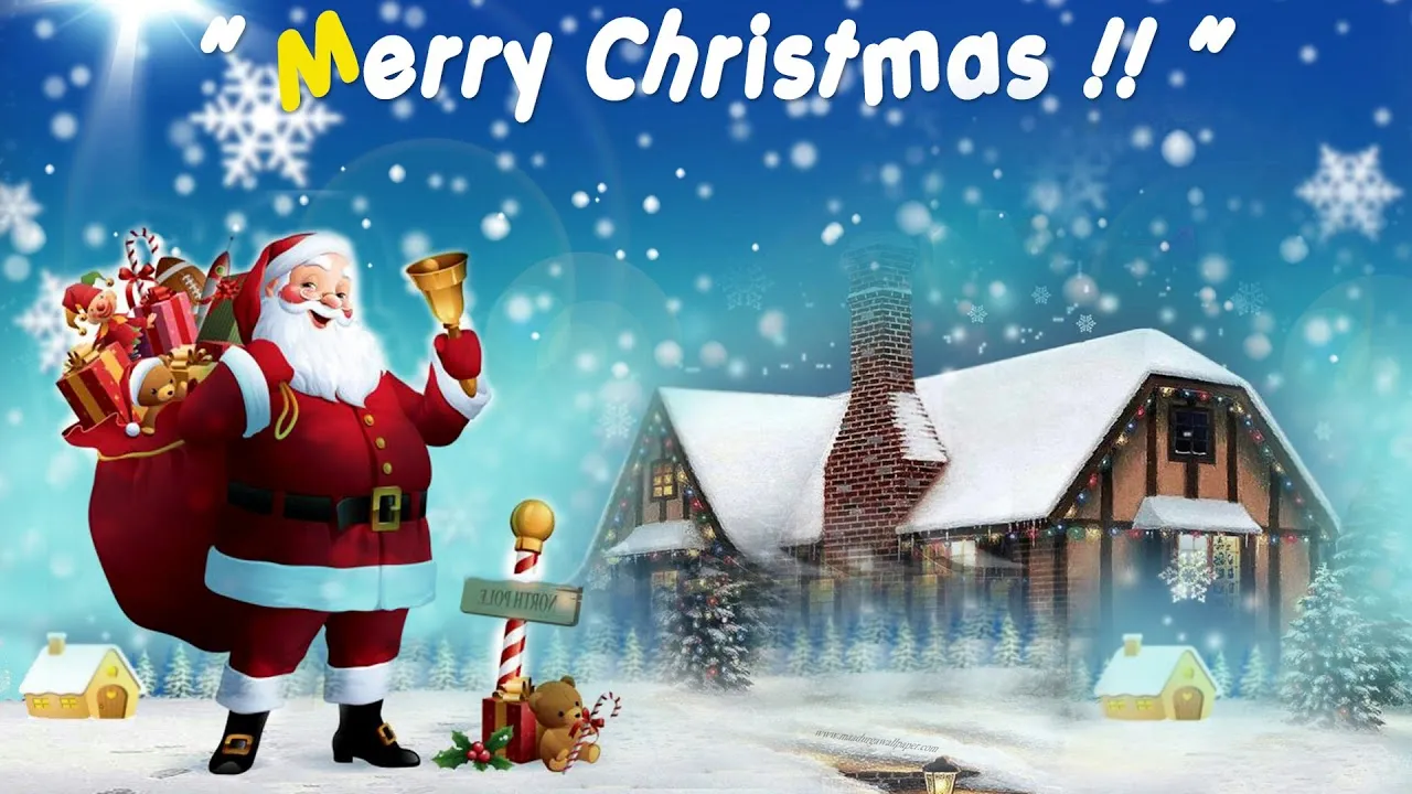 Открытка Merry Christmas - Санта Клаус с подарками и домиком в снегу | Красивая открытка #37