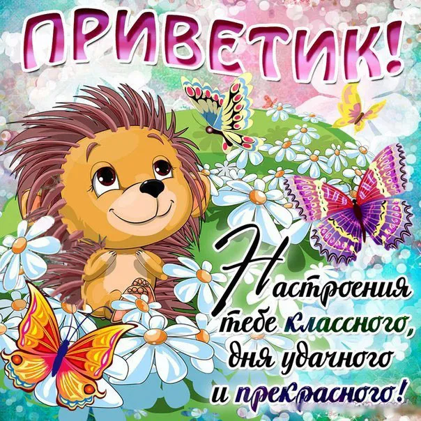 Открытка Привет - Привітання з днем народження! Милий їжачок з квітами | Красивая открытка #94