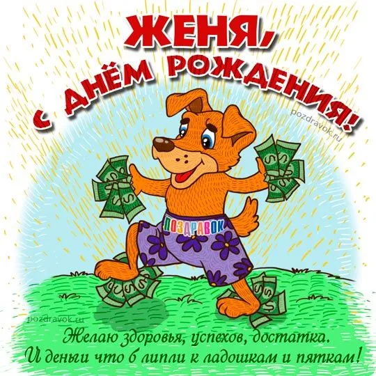 Открытка открытки с именем Евгений - Открытка с собакой и деньгами: поздравления с праздником | Красивая открытка #203
