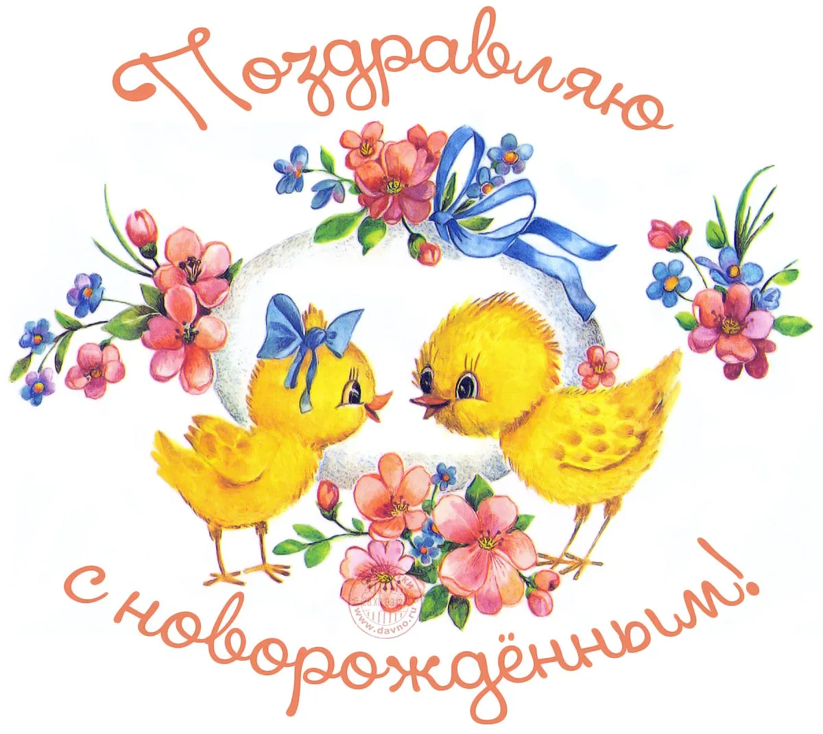 Открытка С рождением внука - Открытка с цыплятами и цветами | Красивая открытка #15