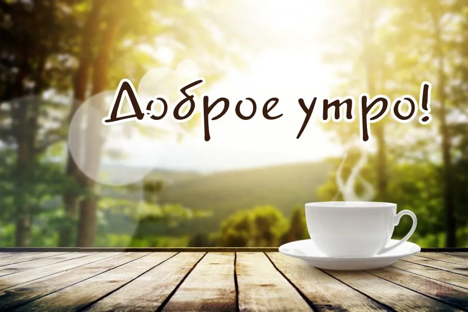 Открытка Доброе утро - Утренняя чашка кофе на дереве | Красивая открытка #196