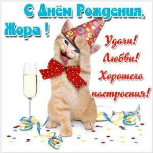 Открытка открытки с именем Георгий  - Котенок в колпаке с шариками и бокалом | Красивая открытка #229