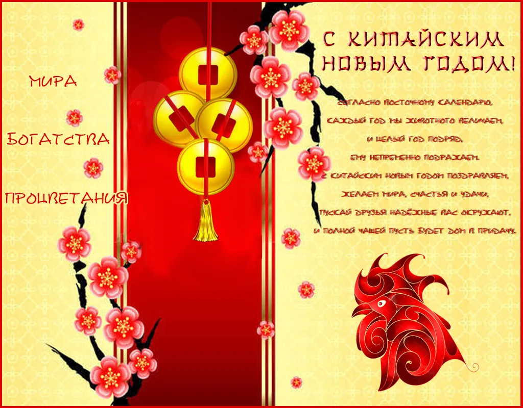 Открытка Китайский новый год - Поздравления с Новым Годом: Красная открытка с фонариками | Красивая открытка #9
