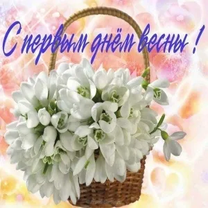 Открытка  С первым днем весны - Подснежники в корзине: весенняя открытка | Красивая открытка #109