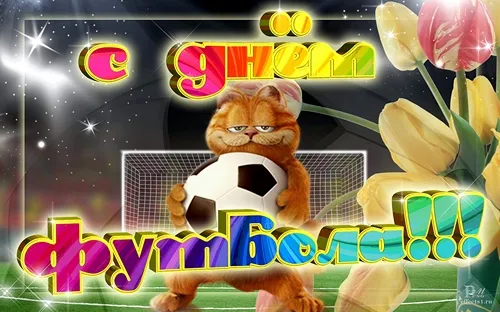 Открытка Всемирный день футбола - Котик футболист с мячом и тюльпанами - Открытка | Красивая открытка #24
