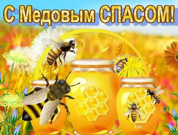 Открытка Медовый спас - Открытка с пчелами и медом: яркие цветы и соты | Красивая открытка #49