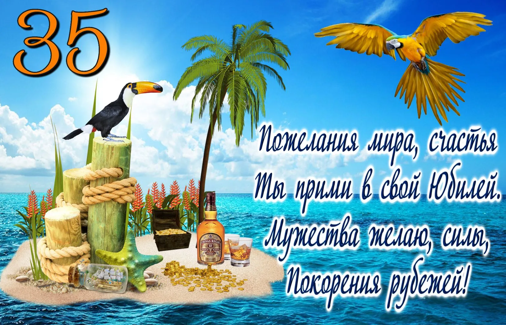 Открытка Открытки на 35 лет - Открытка с попугаем, пальмой и ромом | Красивая открытка #86