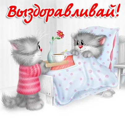 Открытка Скорейшего выздоровления - Открытка: Котенок с подносом и цветами | Красивая открытка #34