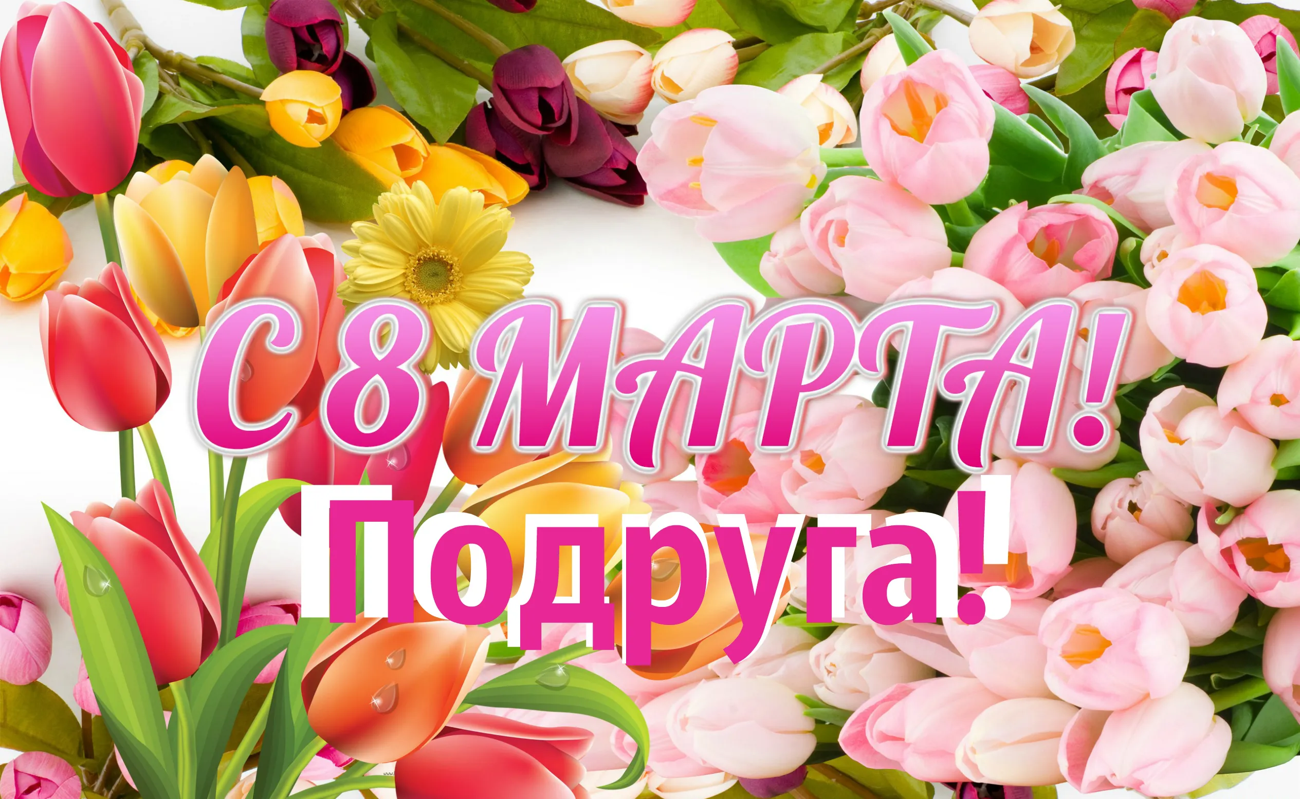 Открытка С 8 марта подруге - Поздравление с 8 марта: Букет тюльпанов и мимоз | Красивая открытка #30
