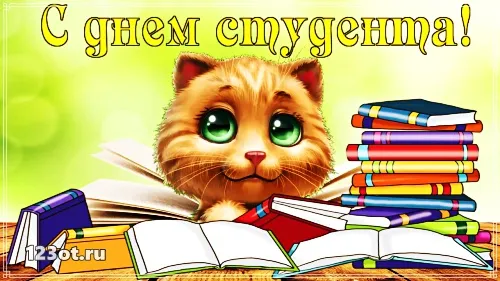 Открытка Открытки с днем студента - Открытка с котенком и книгами | Красивая открытка #63