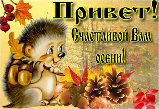 Открытка Осенний приветик - Ёж с орехами и осенними листьями: открытка | Красивая открытка #24