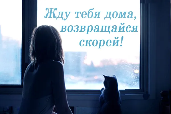 Открытка Возвращайся! - Девушка у окна, кошка, зимний пейзаж | Красивая открытка #1