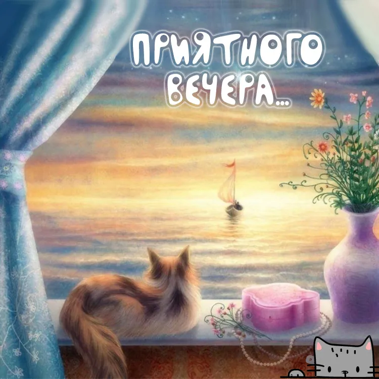 Открытка Приятного вечера - Кошка у окна. Открытка с закатом и цветком | Красивая открытка #3