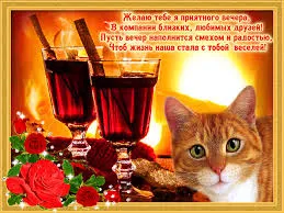 Открытка Открытки добрый вечер - Открытка с бокалами вина, кошка и розы | Красивая открытка #119