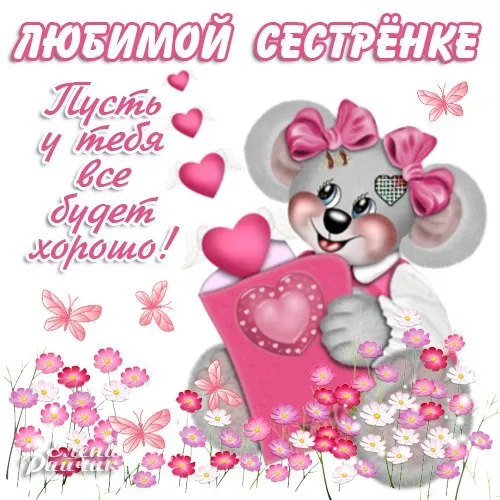 Открытка С днем рождения для сестры - Открытка с милым котенком и цветами | Красивая открытка #25