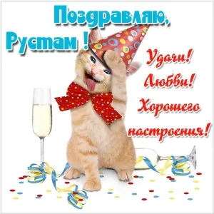 Открытка Открытки с именем Рустам - Открытка с котенком на празднике | Красивая открытка #106