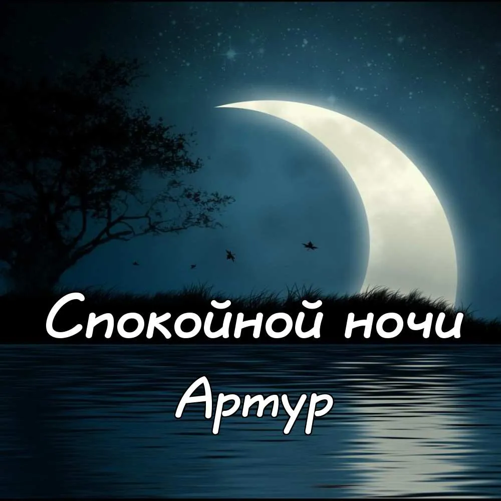 Открытка открытки с именем Артур - Открытка: Ночное небо, луна, озеро, силуэт деревьев | Красивая открытка #181