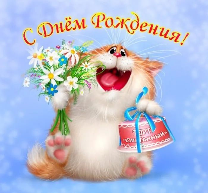 Открытка С днем рождения учитель - Открытка: котенок с цветами и подарком | Красивая открытка #46