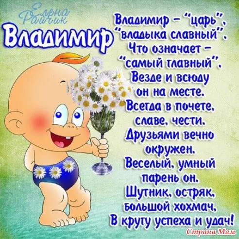 Открытка открытки с именем Владимир - Веселый мультяшный персонаж с цветами - поздравление | Красивая открытка #236