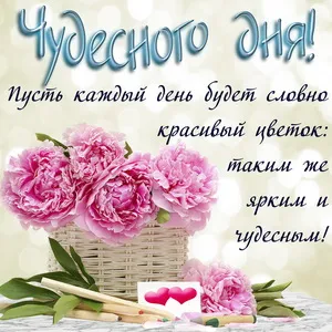 Открытка Хорошего дня - Розовые пионы в плетёной корзине на открытке | Красивая открытка #6