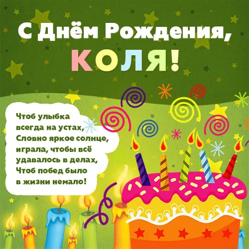 Открытка Открытки с именем Николай   - Открытка с Днем Рождения: торт, свечи, яркие цвета | Красивая открытка #193