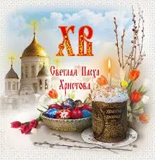 Открытка открытки на пасху  - Пасхальная открытка: Кулич, пасхальные яйца и церковь | Красивая открытка #87