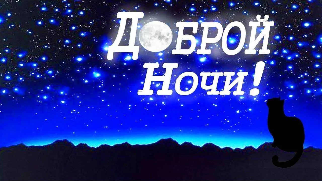 Открытка Доброй ночи - Открытка с котом на фоне звездного неба | Красивая открытка #128