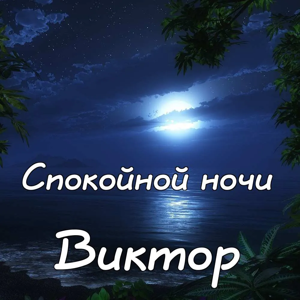 Открытка открытки с именем Виктор - Ночная открытка: луна над морем и пальмы | Красивая открытка #80