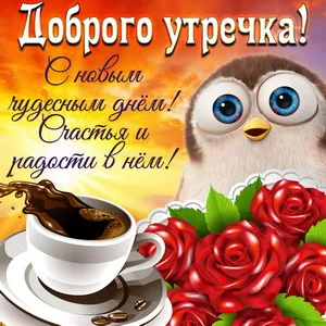 Открытка Доброе утро - Открытка с совой, кофе и розами | Красивая открытка #87