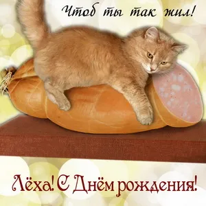 Открытка открытки с именем Алексей - Открытка с котиком и колбасой  С Днём рождения! | Красивая открытка #205