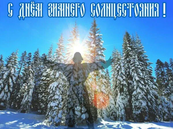Открытка Открытки на день зимнего солнцестояния - Силуэт на фоне заснеженного леса и солнца | Красивая открытка #14