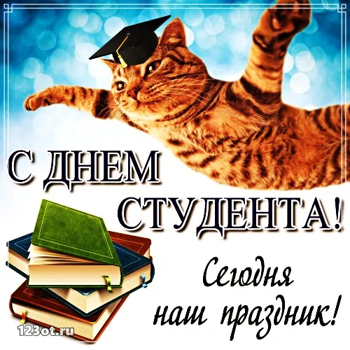 Открытка Открытки с днем студента - С Днем Студента! Открытка с котом и книгами | Красивая открытка #86