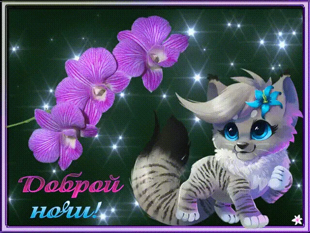 Открытка Доброй ночи - Открытка с котенком и фиалками | Красивая открытка #76